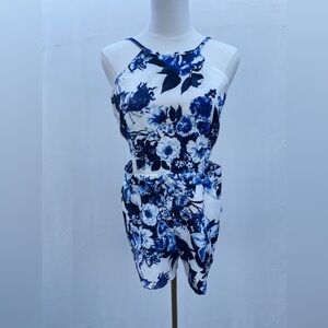 Soieblu Blue Floral Romper Halter Open Back Pockets Summer Large